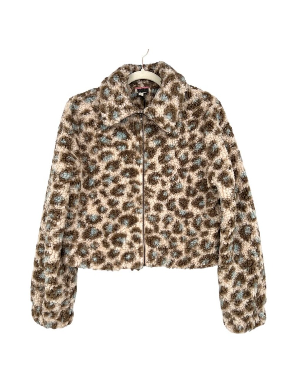 Andree By Unit Faux Fur Leopard Print Teddy Cropped Jacket Size Large NWT